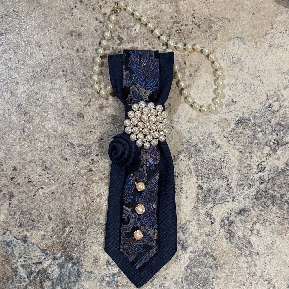 Pearl-Accented Navy Paisley Women’s Neck Tie Necklace or as Lapel Pin